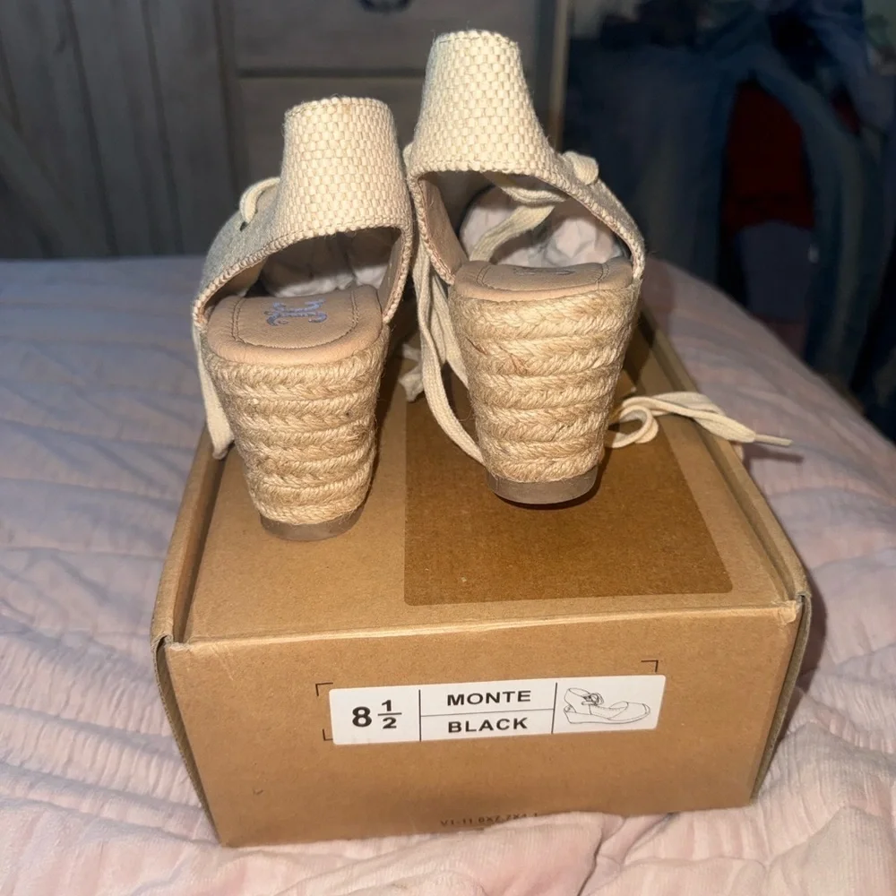Montce Black and Cream Espadrille Wedge Sandals with Ankle Ties